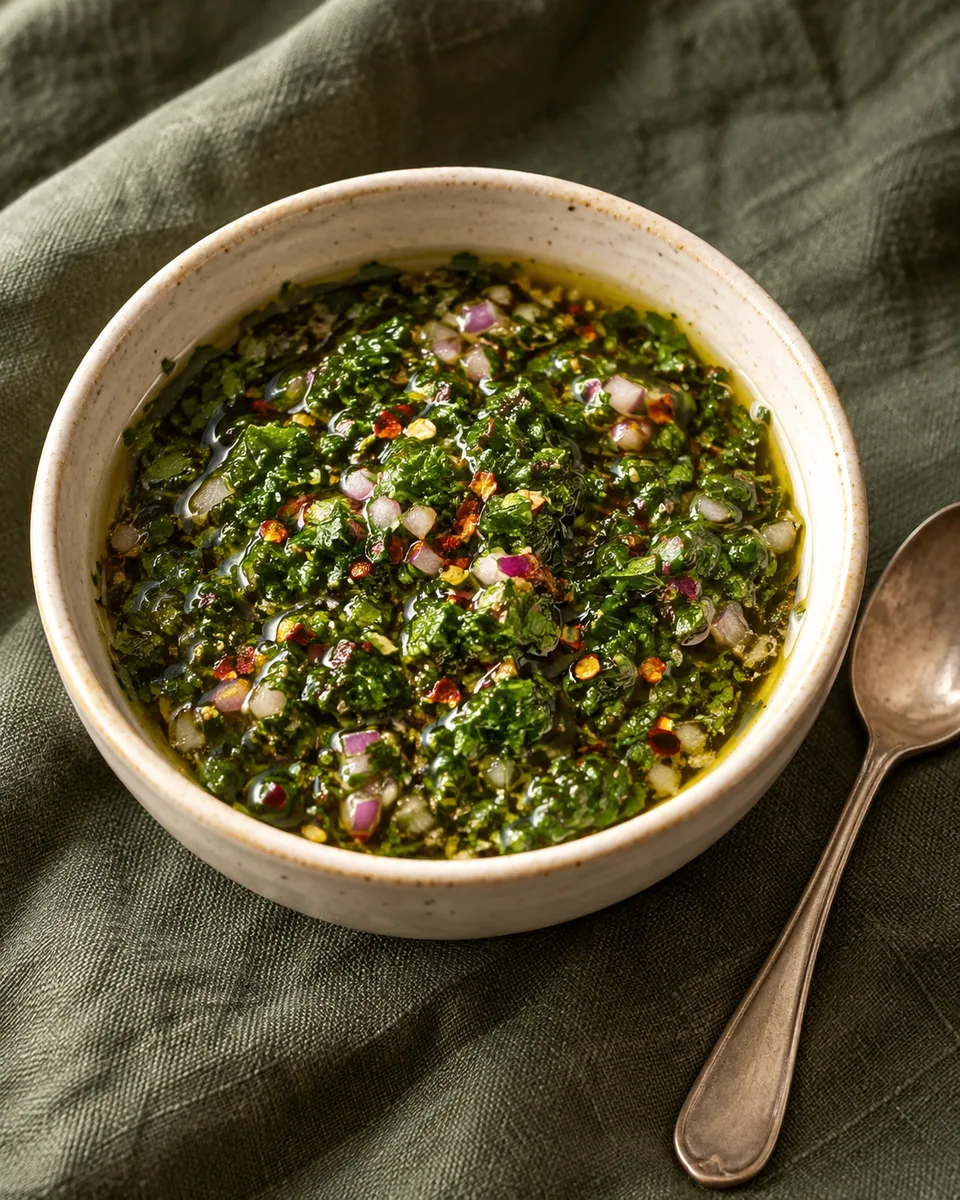 Stückige grüne Chimichurri mit Petersilie, roten Zwiebeln und Chili