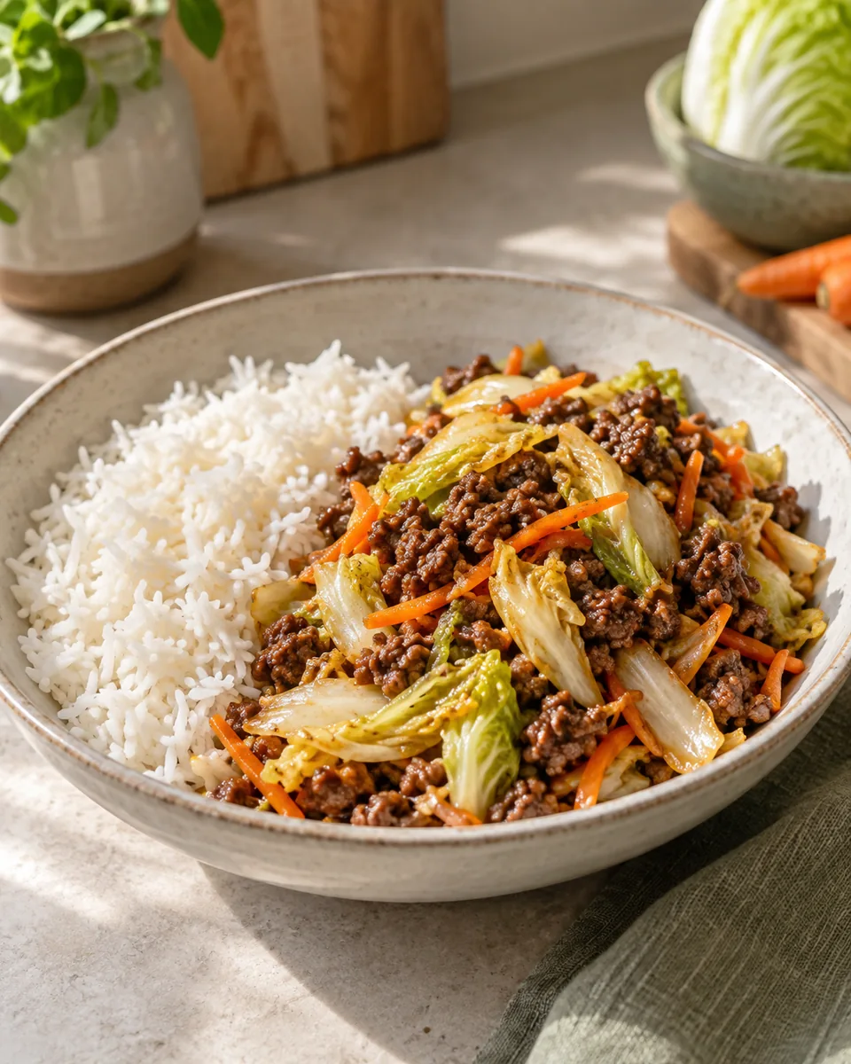 Chinakohl-Hack-Pfanne mit Reis – KI-generierte Rezeptillustration