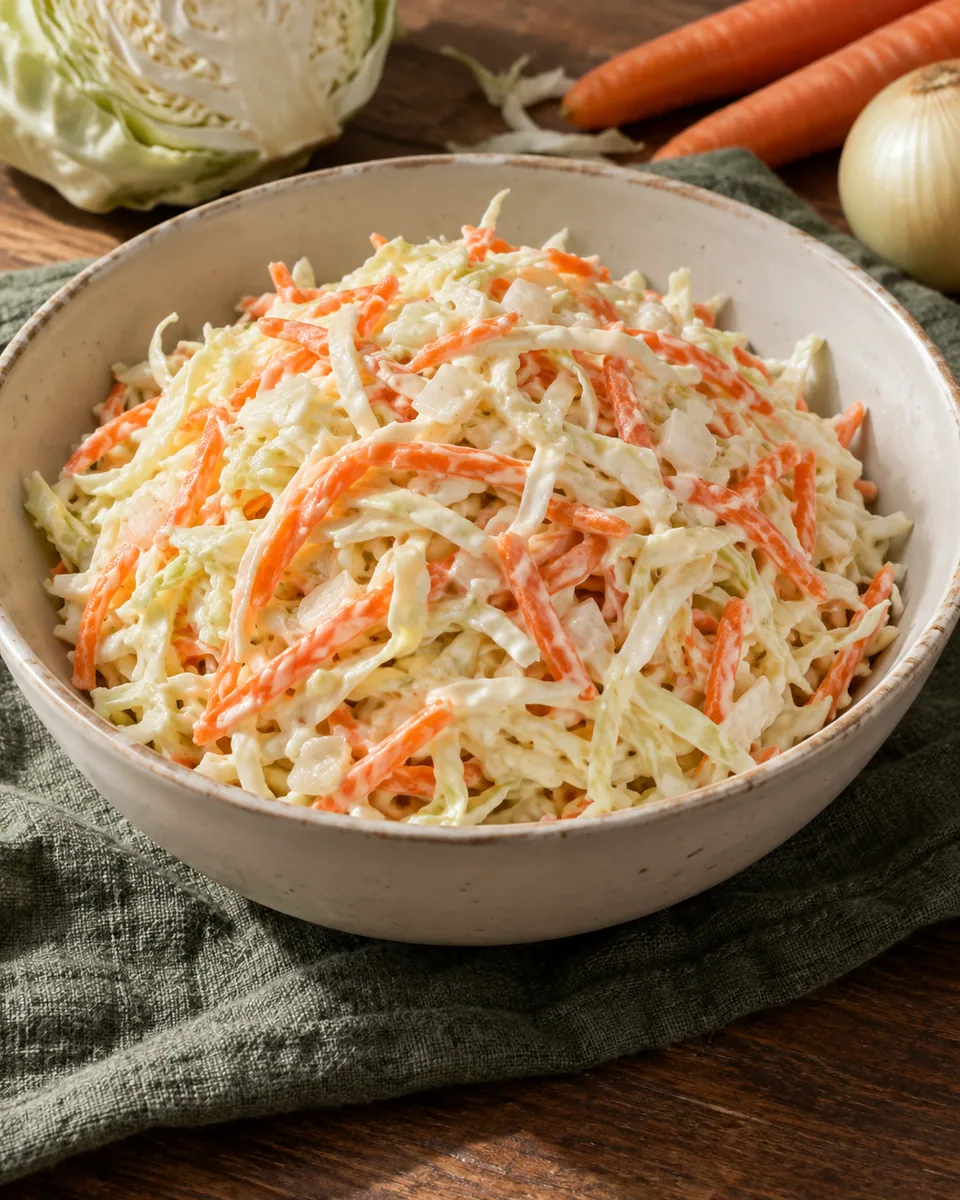 Cremiger Coleslaw aus feinen Weißkohl- und Möhrenstreifen