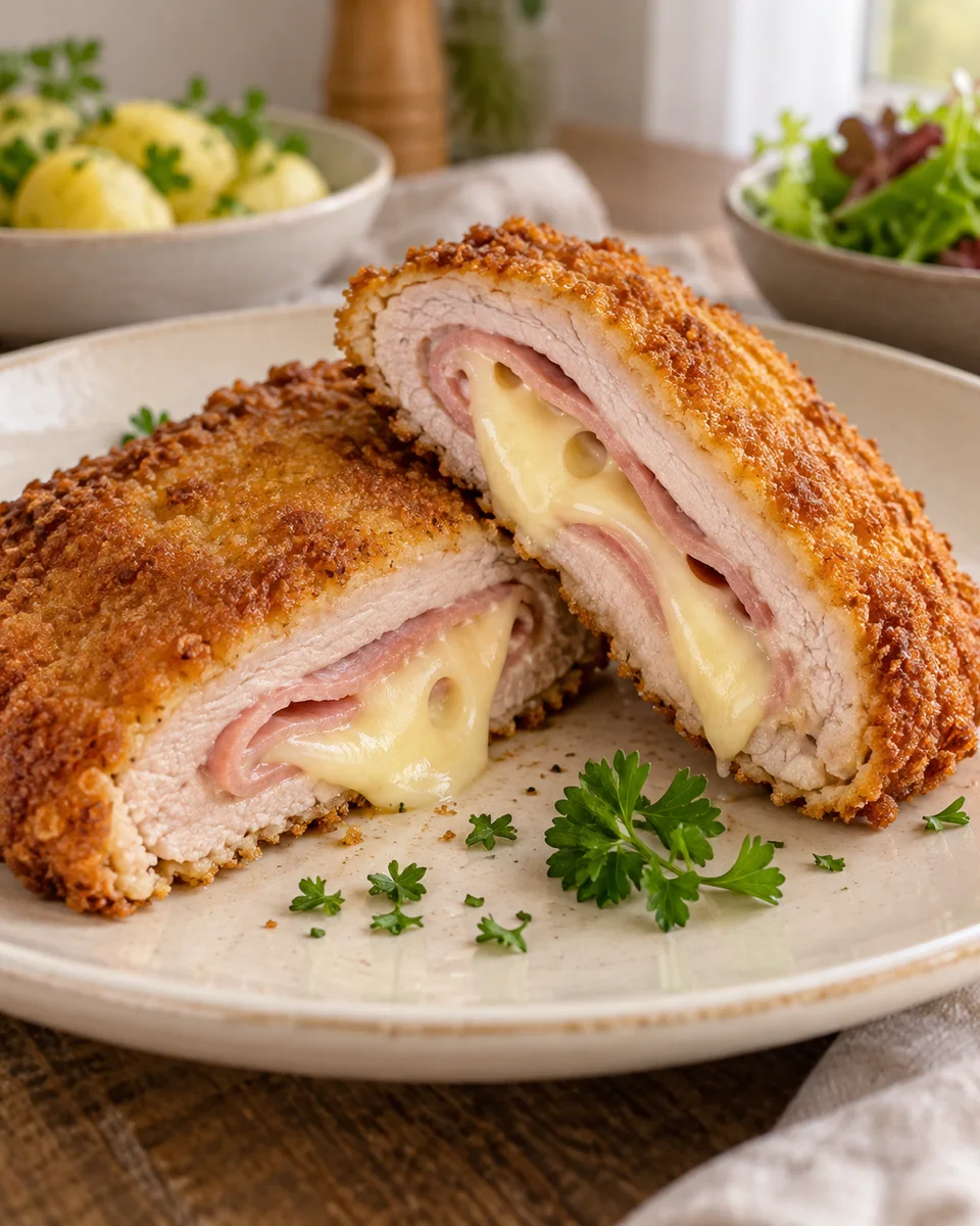 Cordon Bleu mit Schinken und Emmentaler, als fertiges Gericht angerichtet. KI-generierte Rezeptillustration.