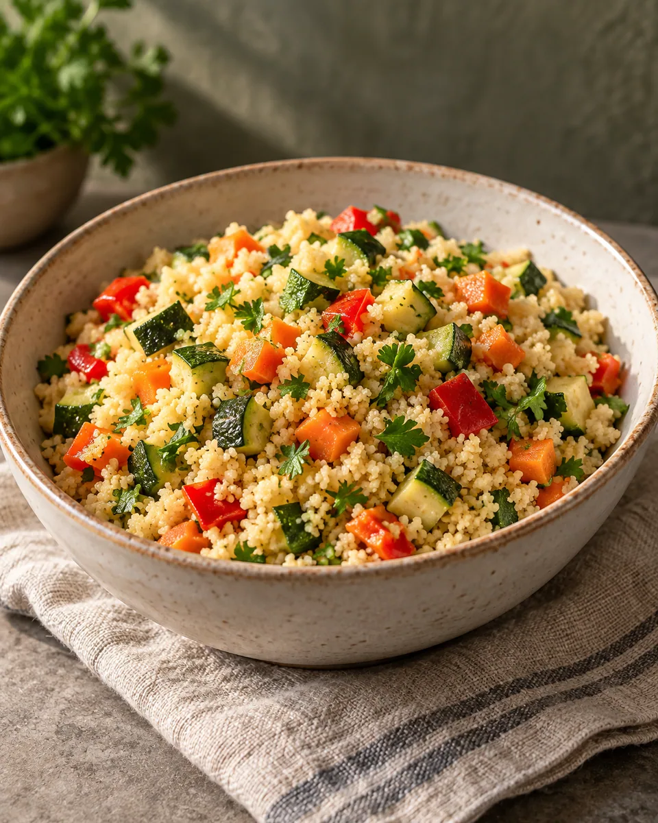 Locker vermischter Couscous mit Zucchini, roten Paprikawürfeln, Möhren und Petersilie