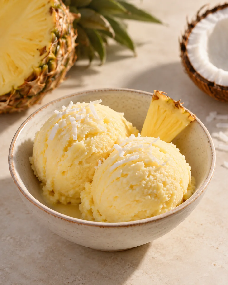 Ananas-Kokos-Eis in einer kleinen Dessertschale angerichtet