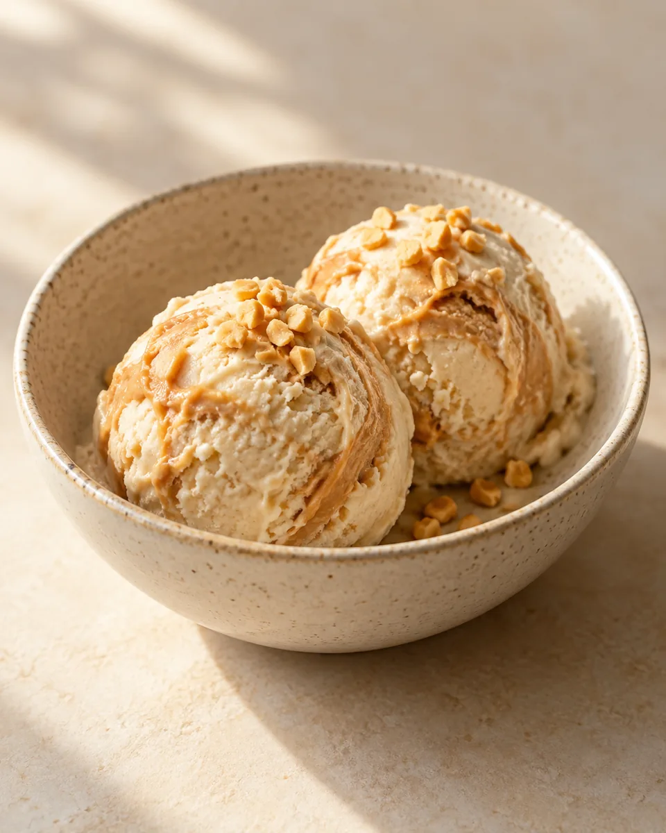 Bananen-Erdnuss-Eis in einer kleinen Dessertschale angerichtet