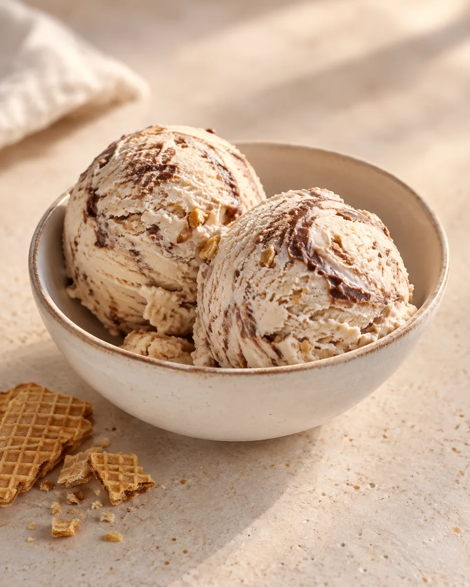 Haselnuss-Nougat-Waffel-Eis in einer kleinen Dessertschale angerichtet