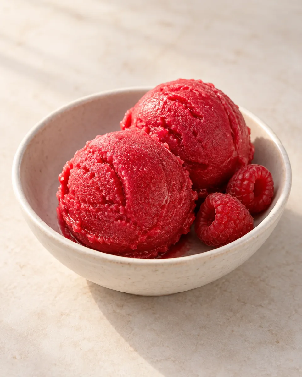 Himbeer-Sorbet in einer kleinen Dessertschale angerichtet