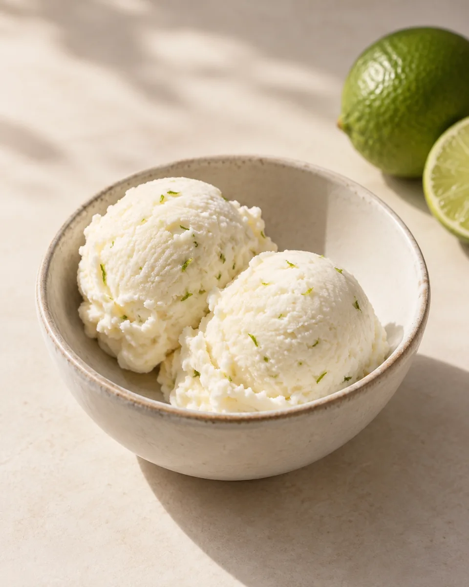 Kokos-Limetten-Eis in einer kleinen Dessertschale angerichtet