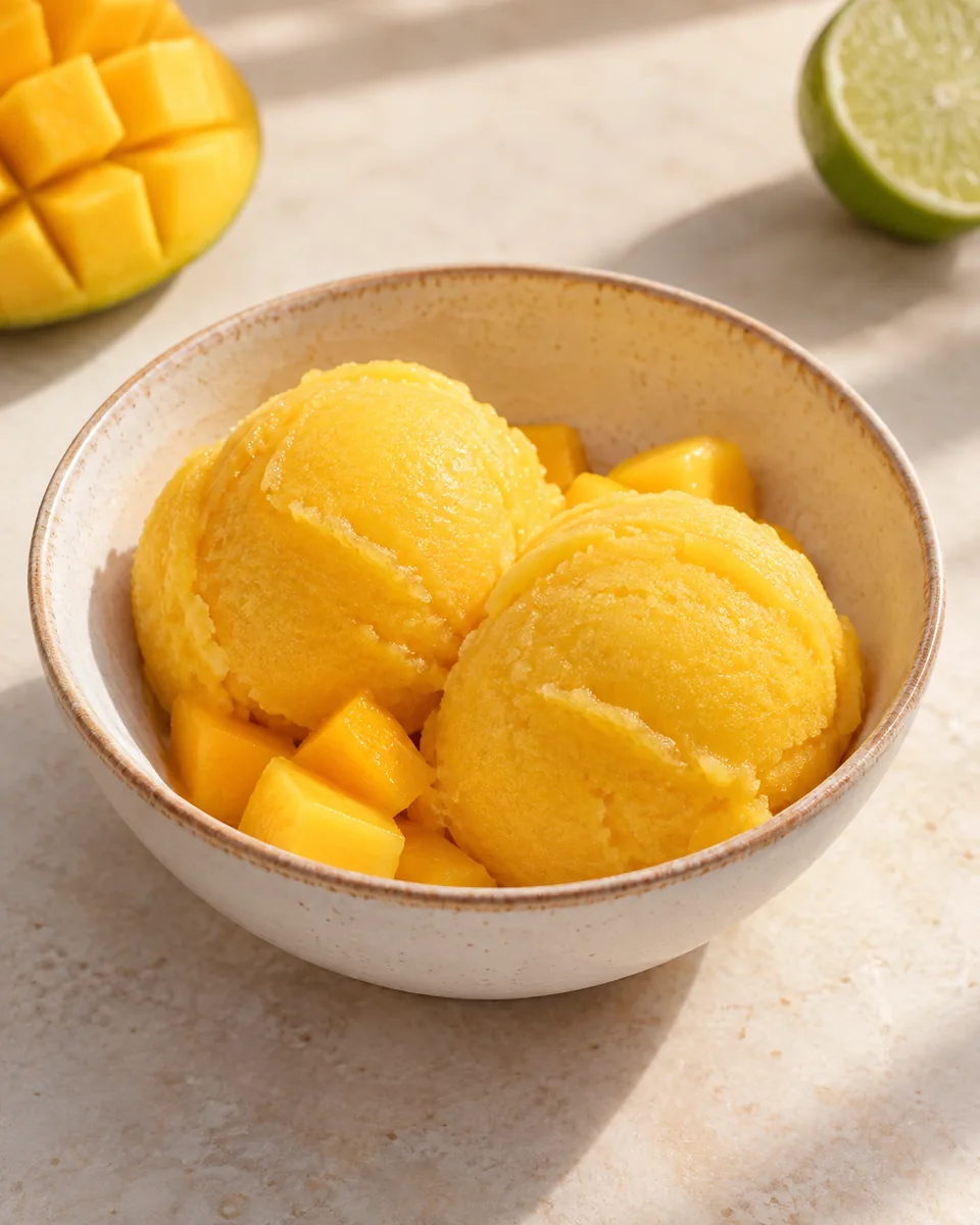 Mango-Sorbet in einer kleinen Dessertschale angerichtet
