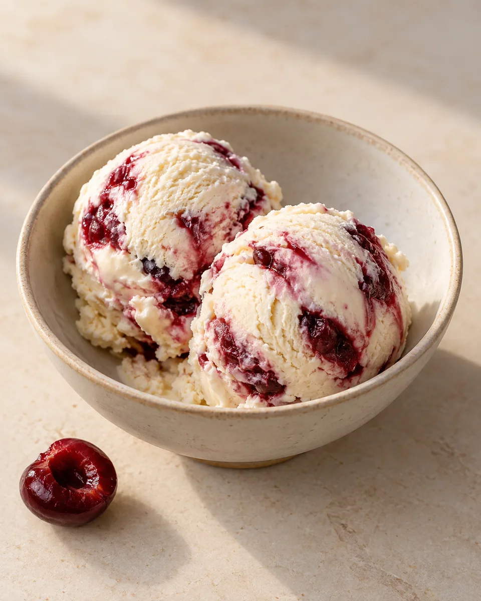 Marzipan-Kirsch-Eis in einer kleinen Dessertschale angerichtet