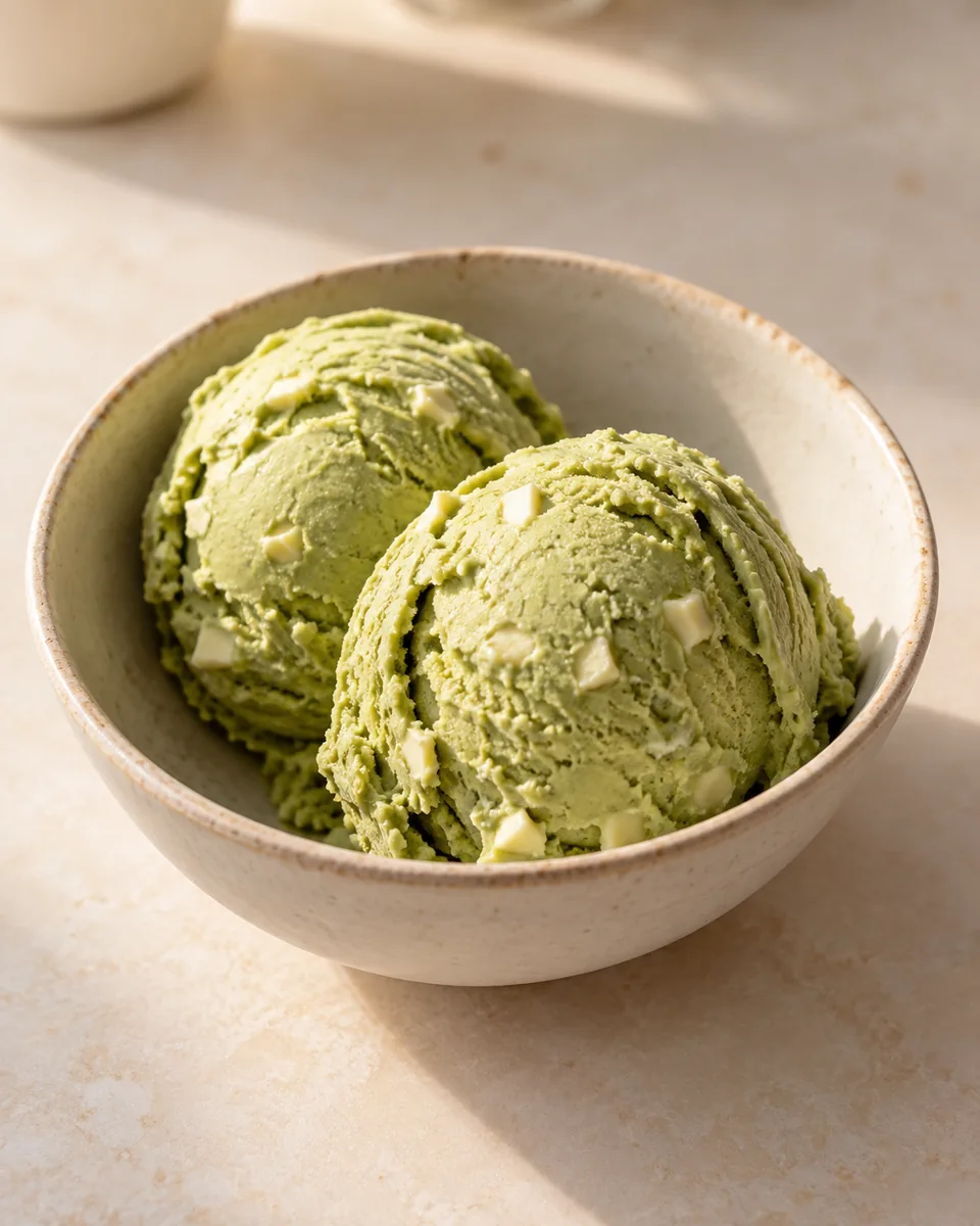 Matcha-Eis mit weißer Schokolade in einer kleinen Dessertschale angerichtet