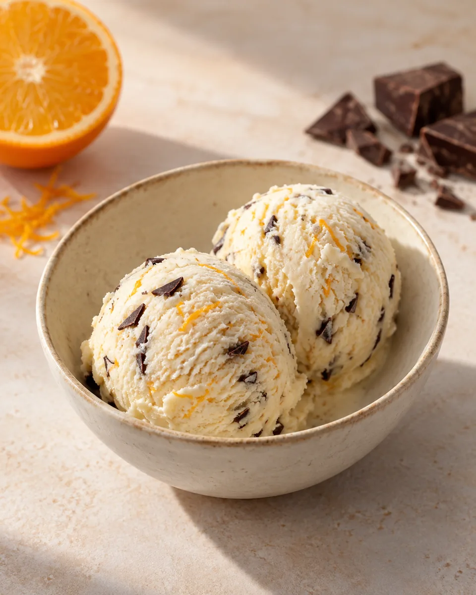 Orange-Zartbitter-Eis in einer kleinen Dessertschale angerichtet