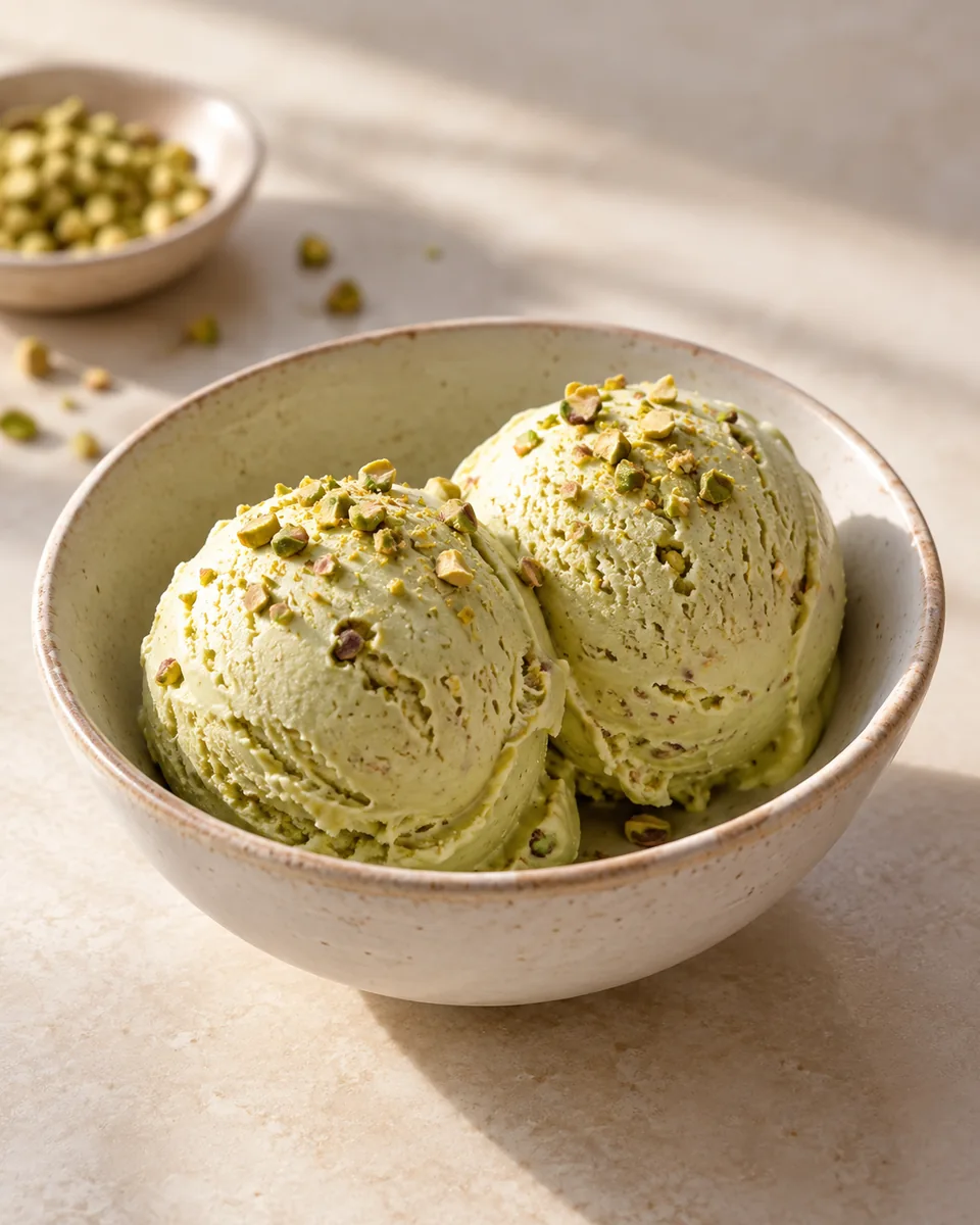 Pistazieneis in einer kleinen Dessertschale angerichtet