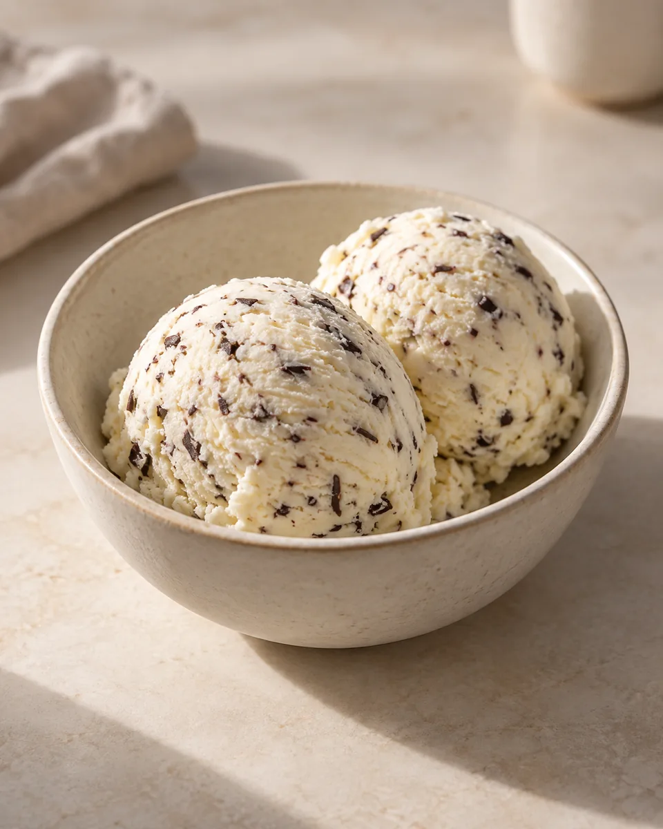Stracciatella-Eis in einer kleinen Dessertschale angerichtet
