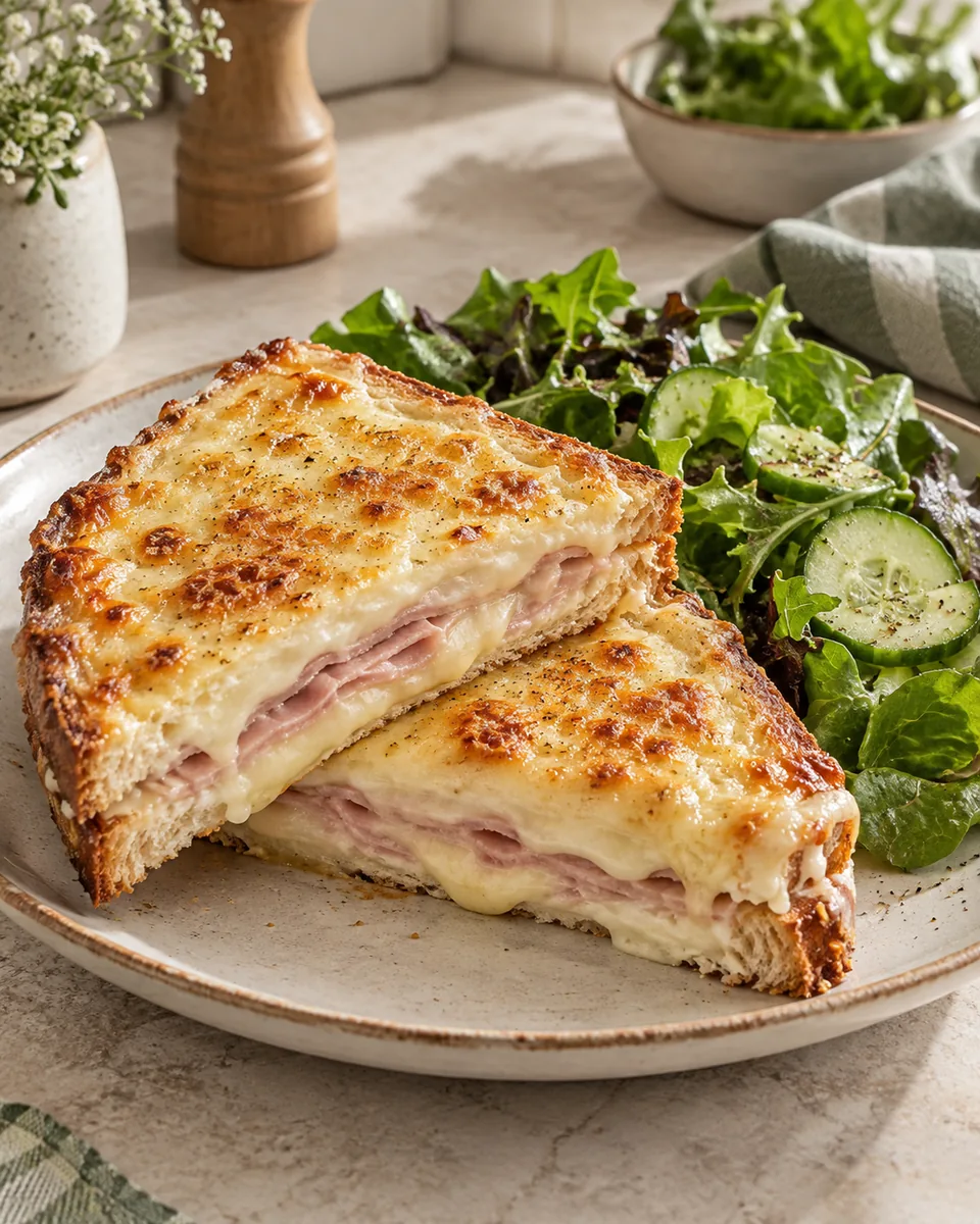 Croque Monsieur mit grünem Salat – KI-generierte Rezeptillustration