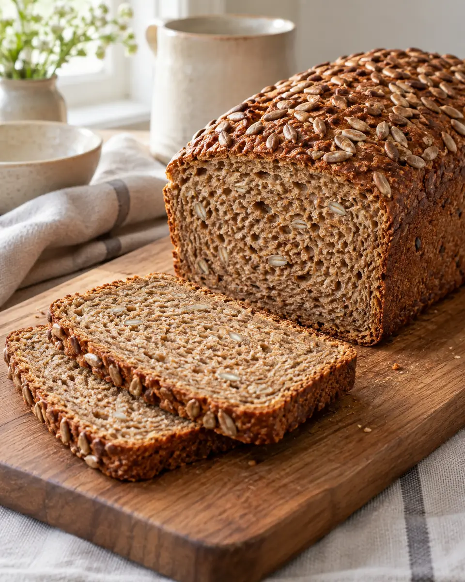 Dinkelvollkornbrot mit Sonnenblumenkernen, passend zu den beschriebenen Zutaten angerichtet. KI-generierte Rezeptillustration.