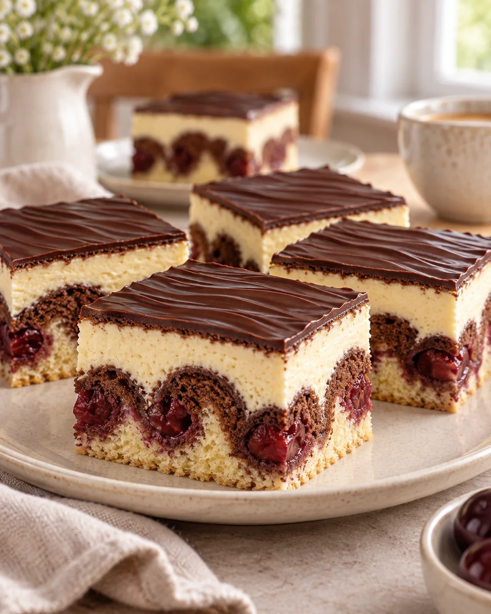 Donauwelle mit Kirschen und Vanillebuttercreme, als fertiges Gericht angerichtet. KI-generierte Rezeptillustration.
