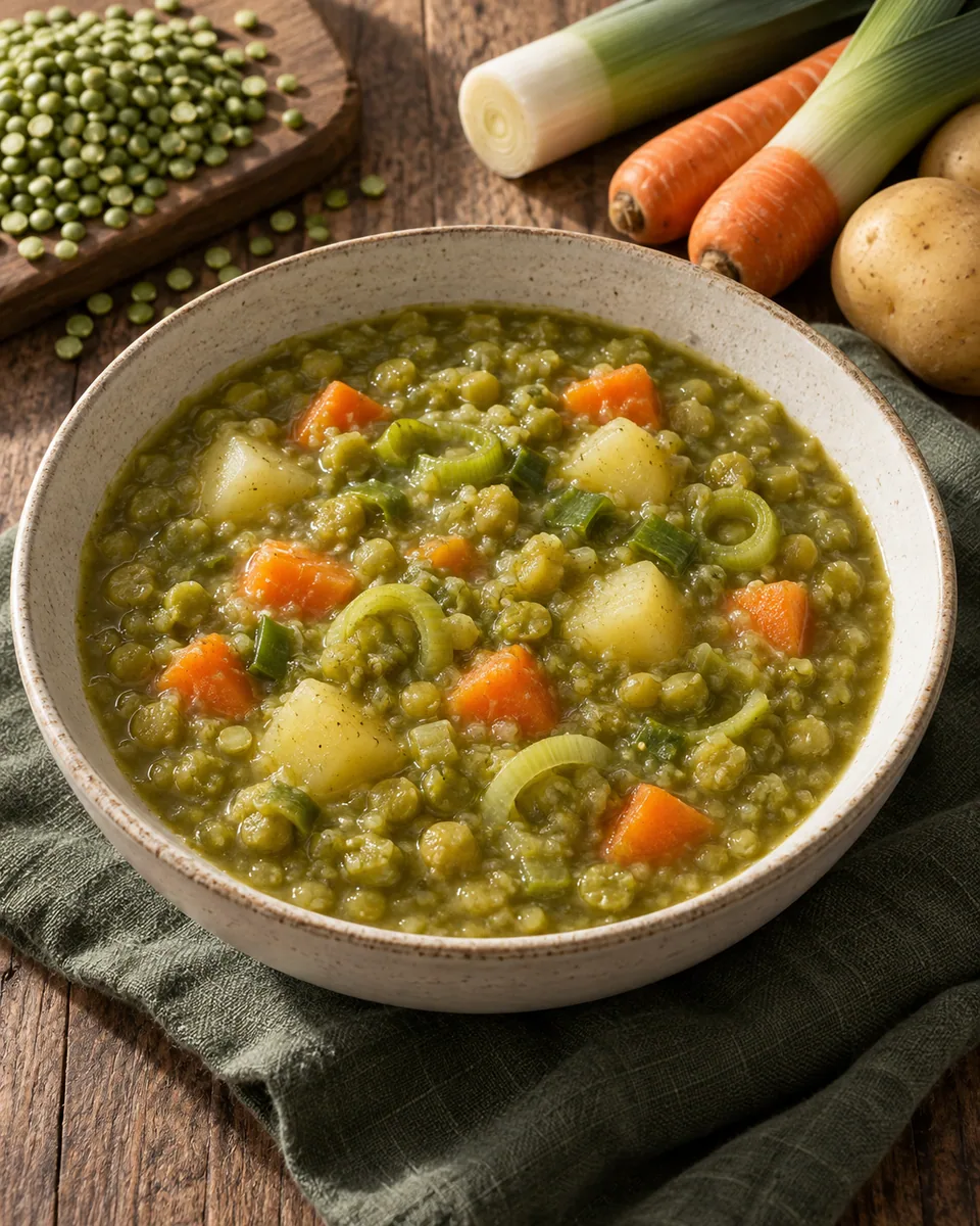 Sämiger grüner Erbseneintopf mit Kartoffeln, Möhren und Lauch