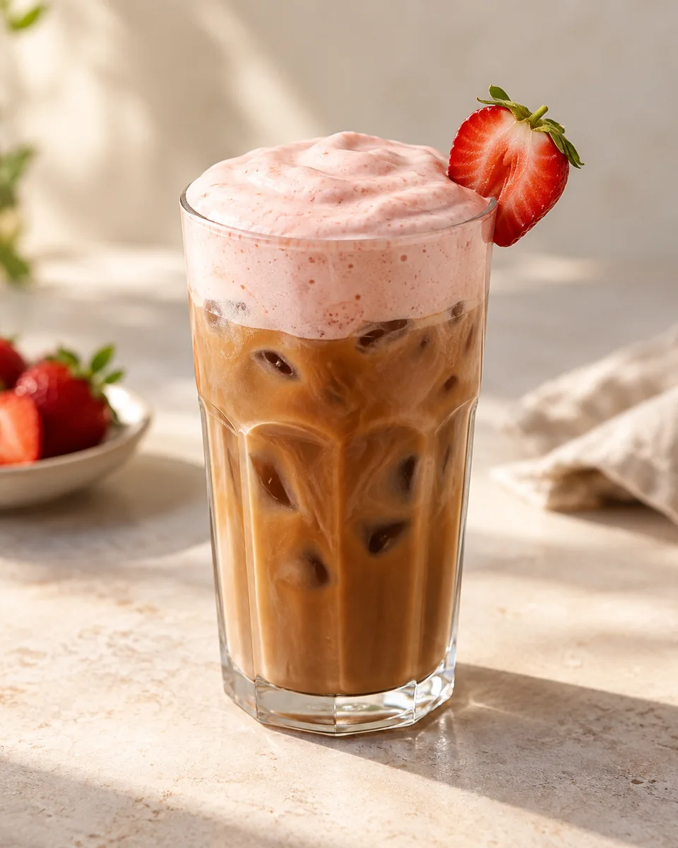 Erdbeer Cold Foam Coffee frisch angerichtet nach dem Rezept