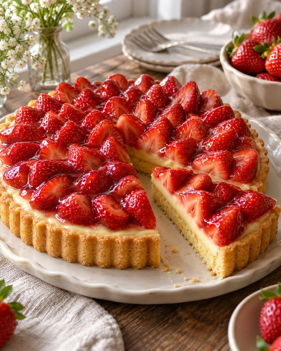 Klassischer Erdbeerkuchen mit Vanillepudding, als fertiges Gericht angerichtet. KI-generierte Rezeptillustration.