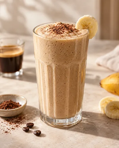 Espresso-Bananen-Milchshake frisch angerichtet nach dem Rezept