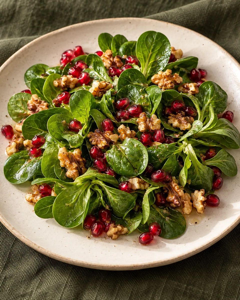 Feldsalat mit roten Granatapfelkernen und Walnüssen