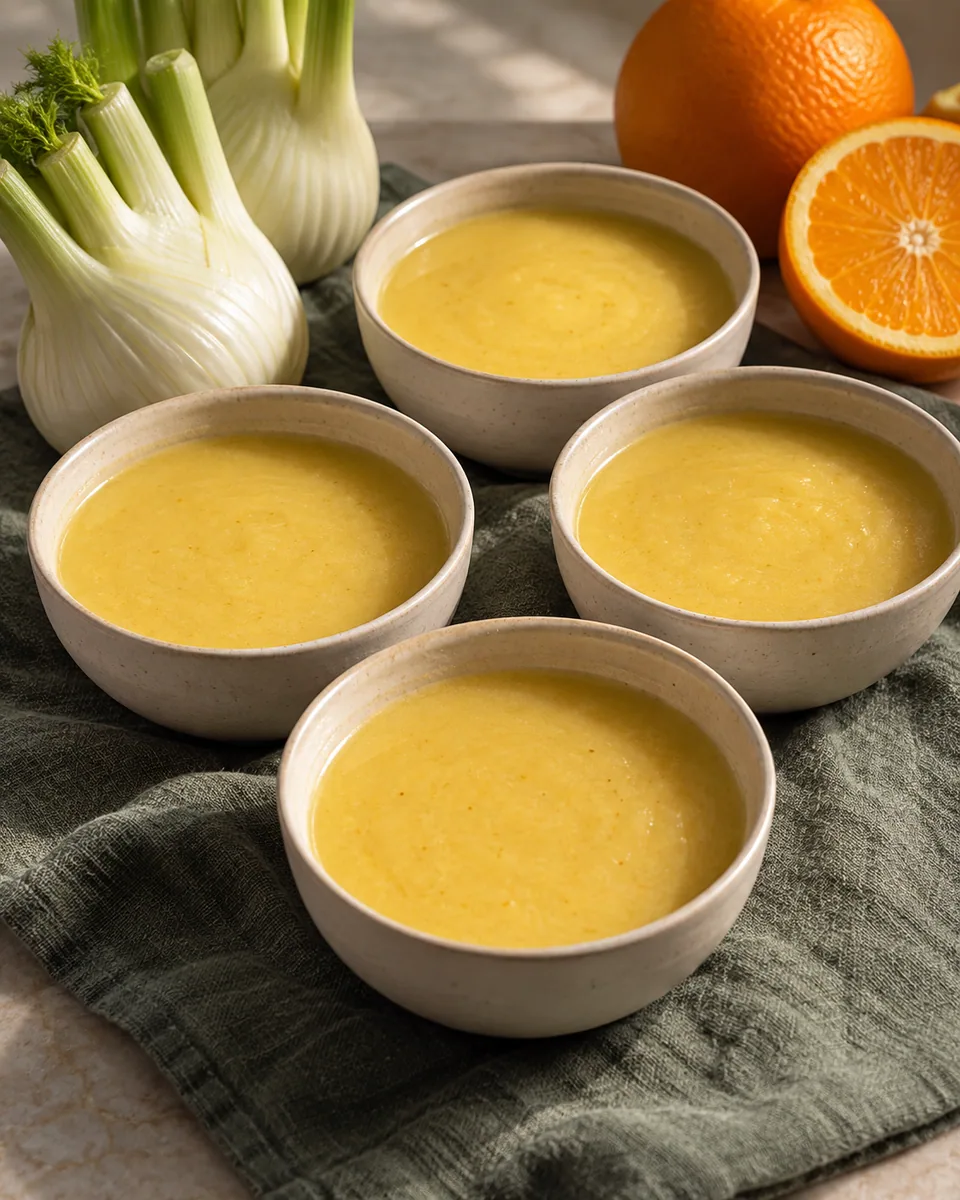 Fein pürierte hellgelbe Fenchel-Orangen-Suppe ohne Dekoration
