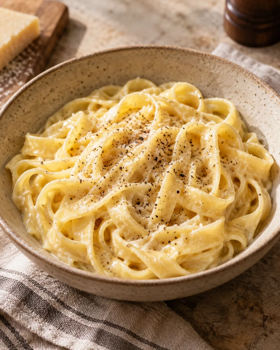 Fettuccine in glänzender Butter-Käse-Sauce mit wenig schwarzem Pfeffer