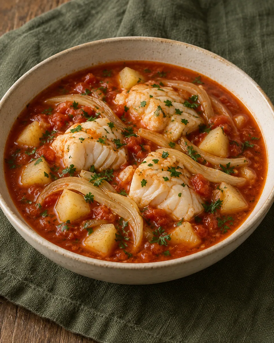 Rote Fischsuppe mit weißen Kabeljaustücken, Fenchel und Kartoffeln