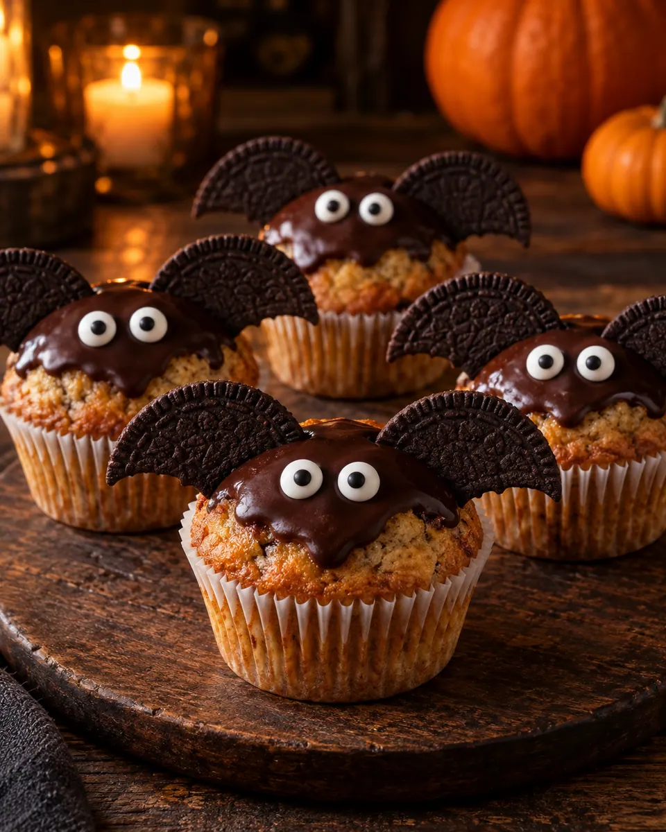 Bananenmuffins mit dunkler Schokocreme, zwei Keksflügeln und Zuckeraugen
