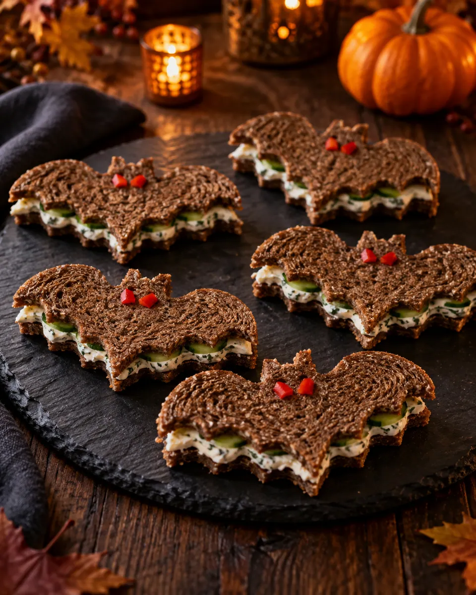 Dunkle Fledermaus-Sandwiches mit Kräuterfrischkäse, Gurke und kleinen roten Paprika-Augen
