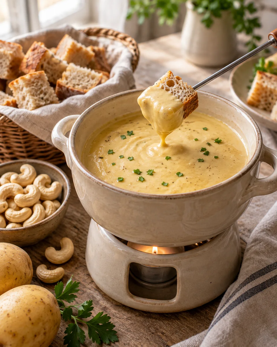 Veganes Fondue mit Kartoffeln und Cashews, als fertiges Gericht angerichtet. KI-generierte Rezeptillustration.