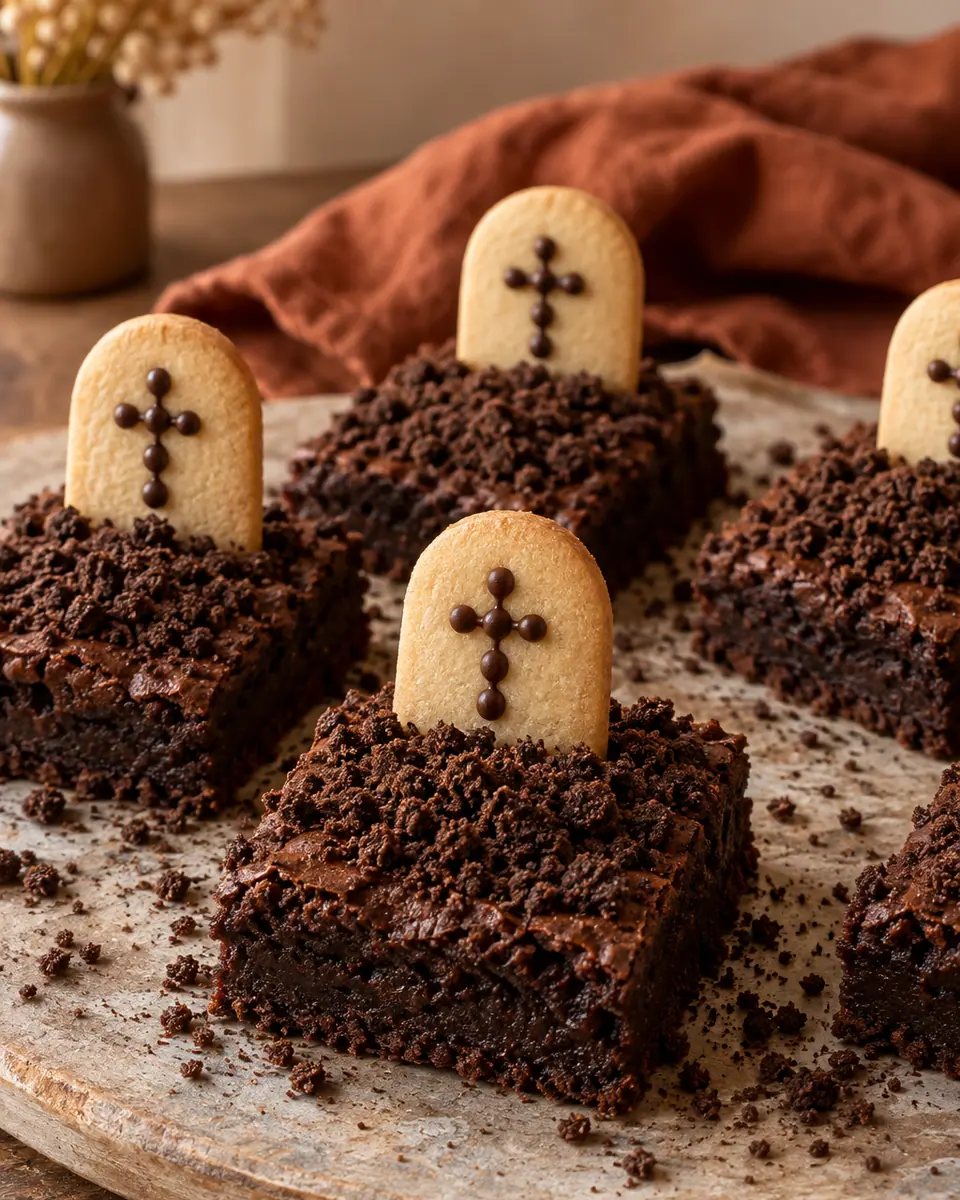 Dunkle Brownies mit Keksbrösel-Erde und aufrecht stehenden Butterkeksgrabsteinen