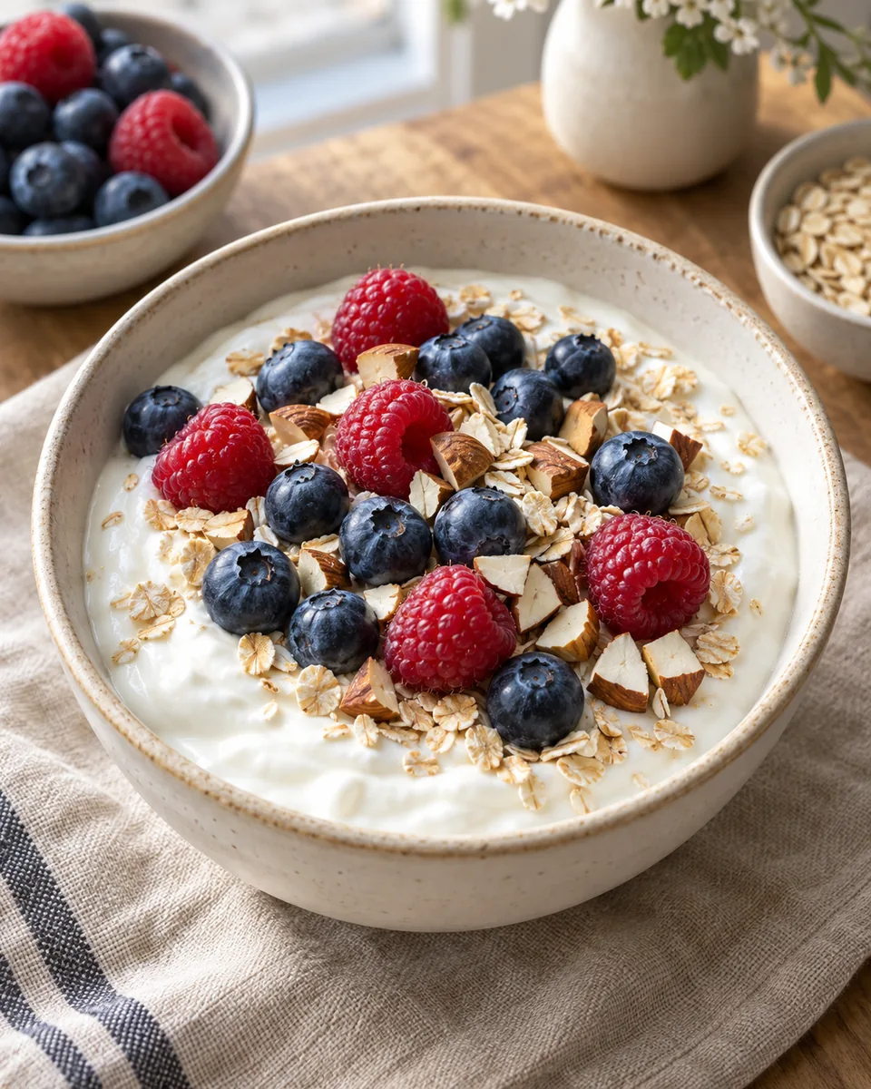 Frühstücksquark mit Beeren und Haferflocken, passend zu den beschriebenen Zutaten angerichtet. KI-generierte Rezeptillustration.