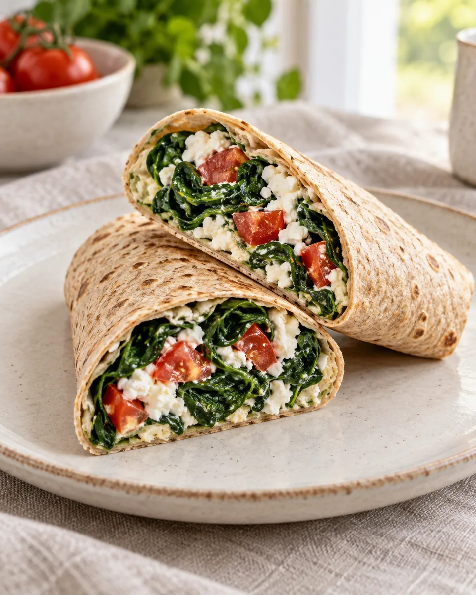 Frühstückswrap mit Spinat und Hüttenkäse, passend zu den beschriebenen Zutaten angerichtet. KI-generierte Rezeptillustration.