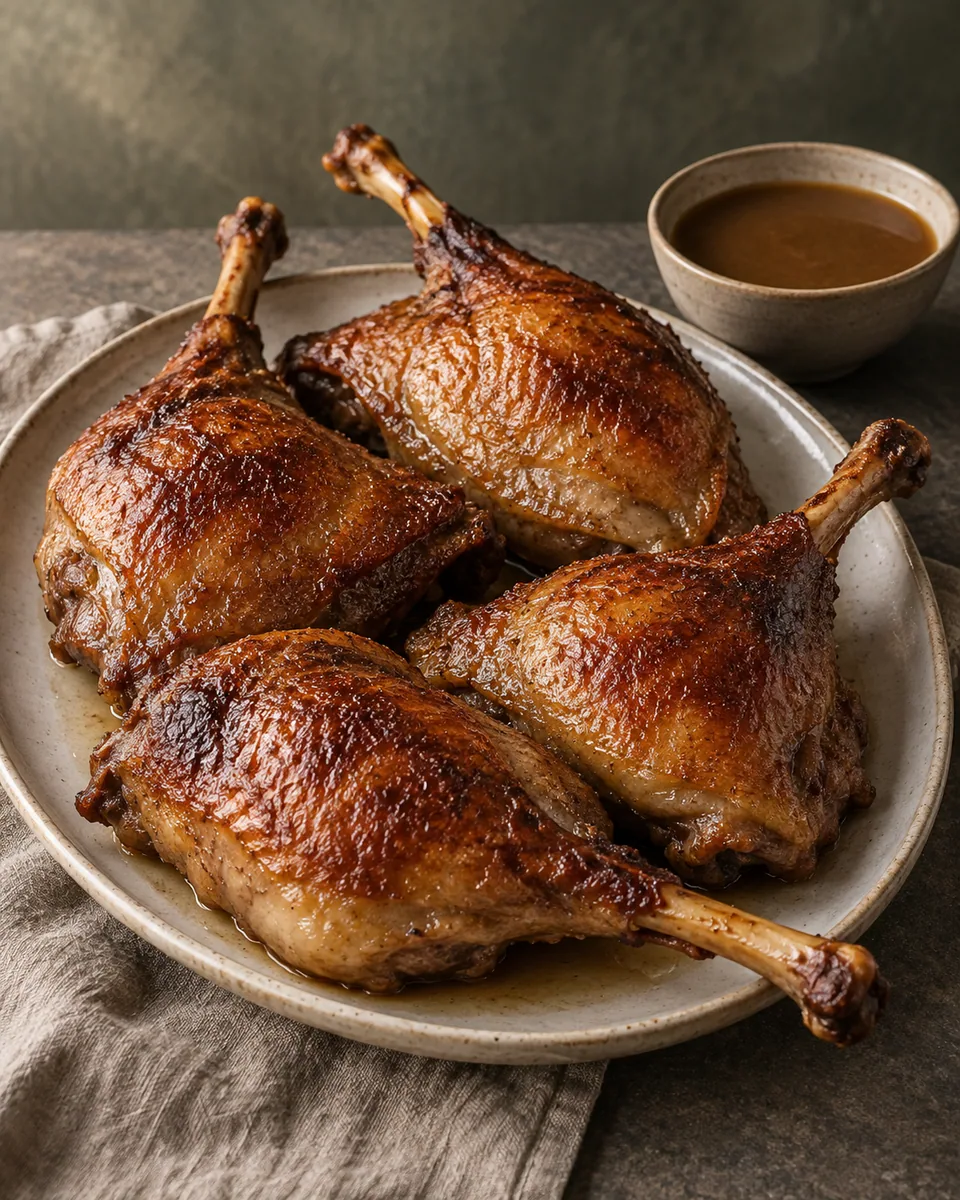 Vier große knusprig gebräunte Gänsekeulen mit glatter Sauce daneben
