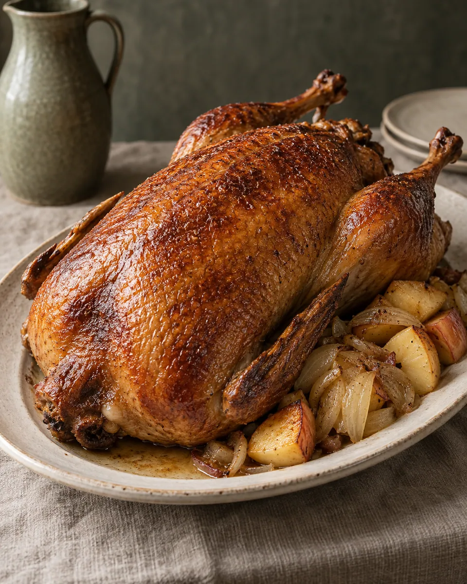 Ganzer goldbrauner Gänsebraten mit einigen gegarten Apfel-Zwiebel-Stücken daneben