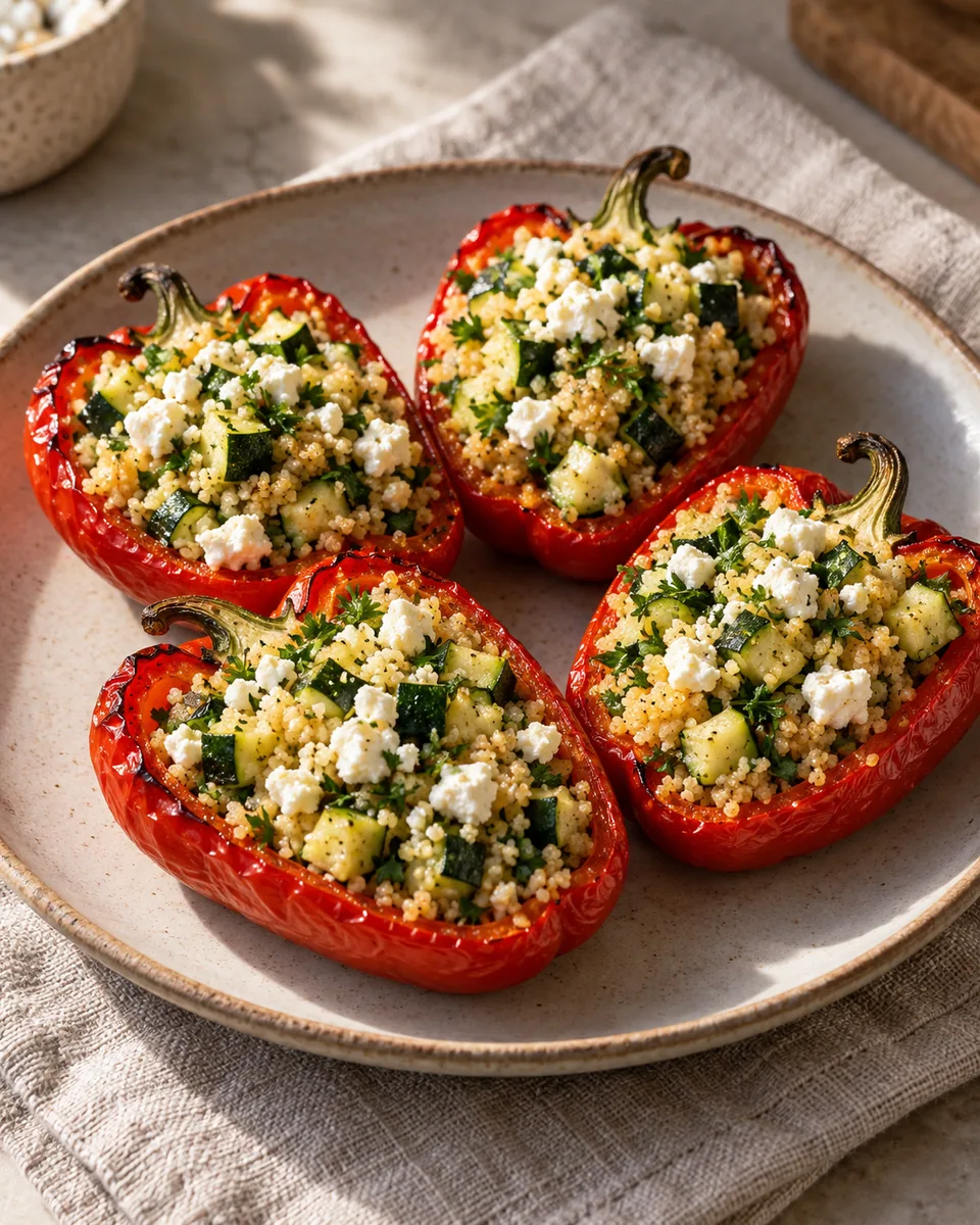 Rote Paprikahälften gefüllt mit Couscous, Feta und Petersilie