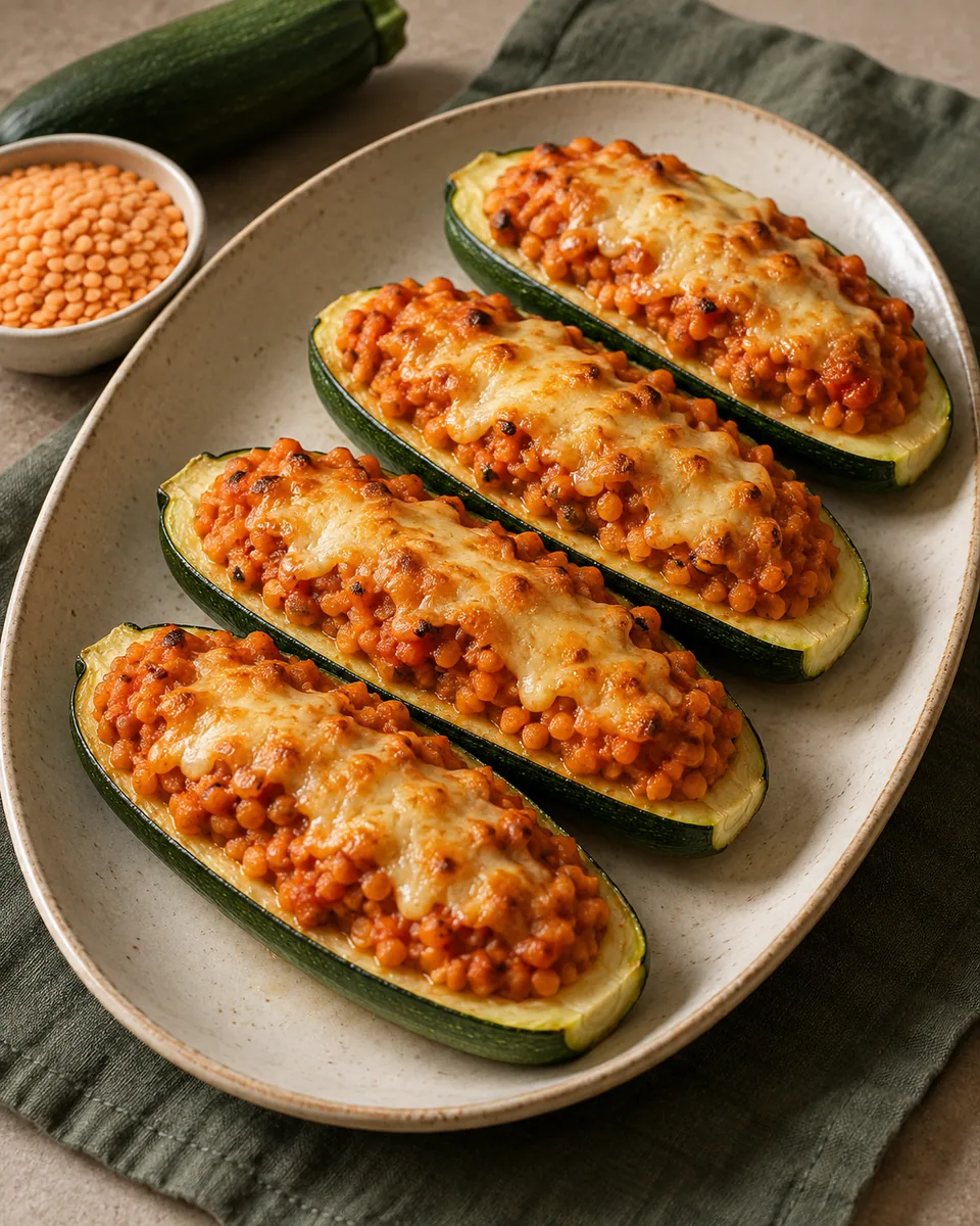 Überbackene Zucchinihälften mit roter Linsen-Tomaten-Füllung