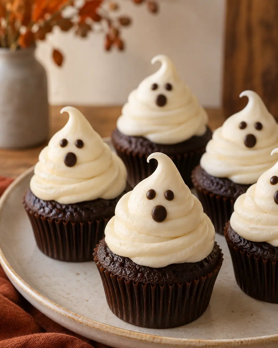 Schokocupcakes mit hohen cremeweißen Buttercreme-Geistern und dunklen Augen