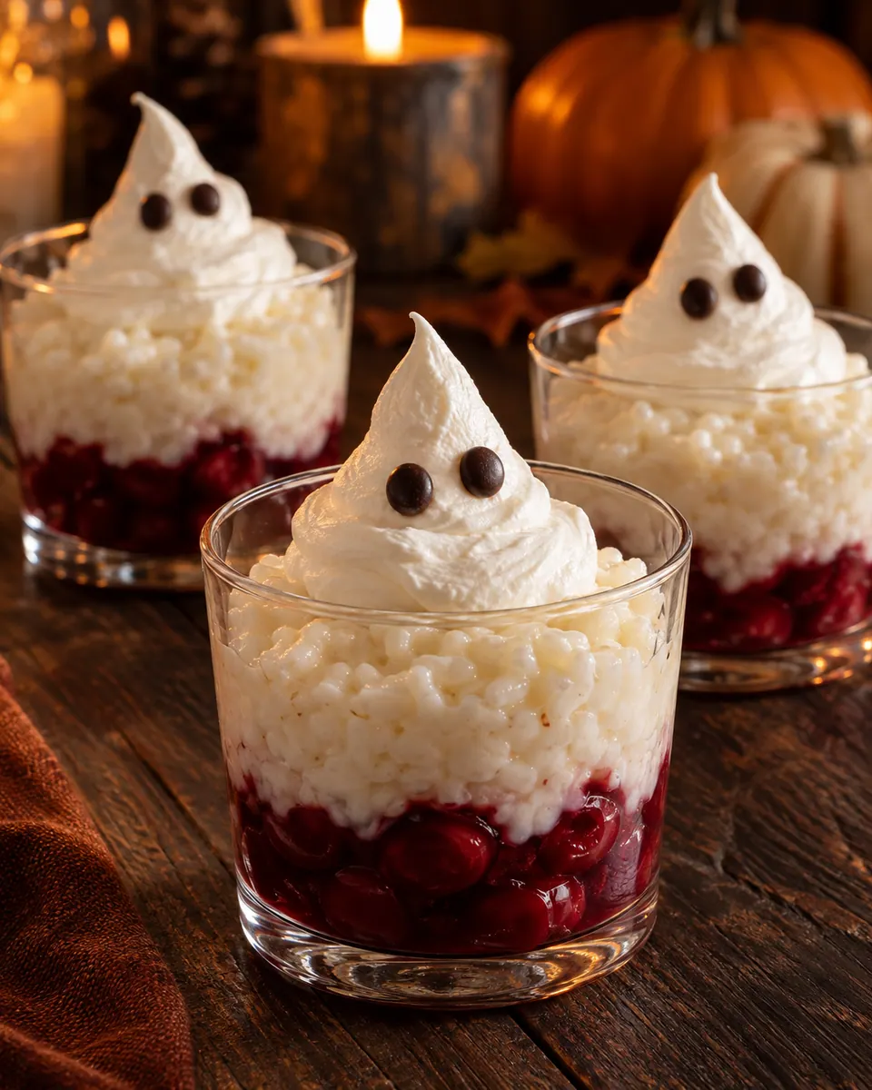 Dessertgläser mit roter Kirschschicht, hellem Milchreis und einem weißen Sahnegeist