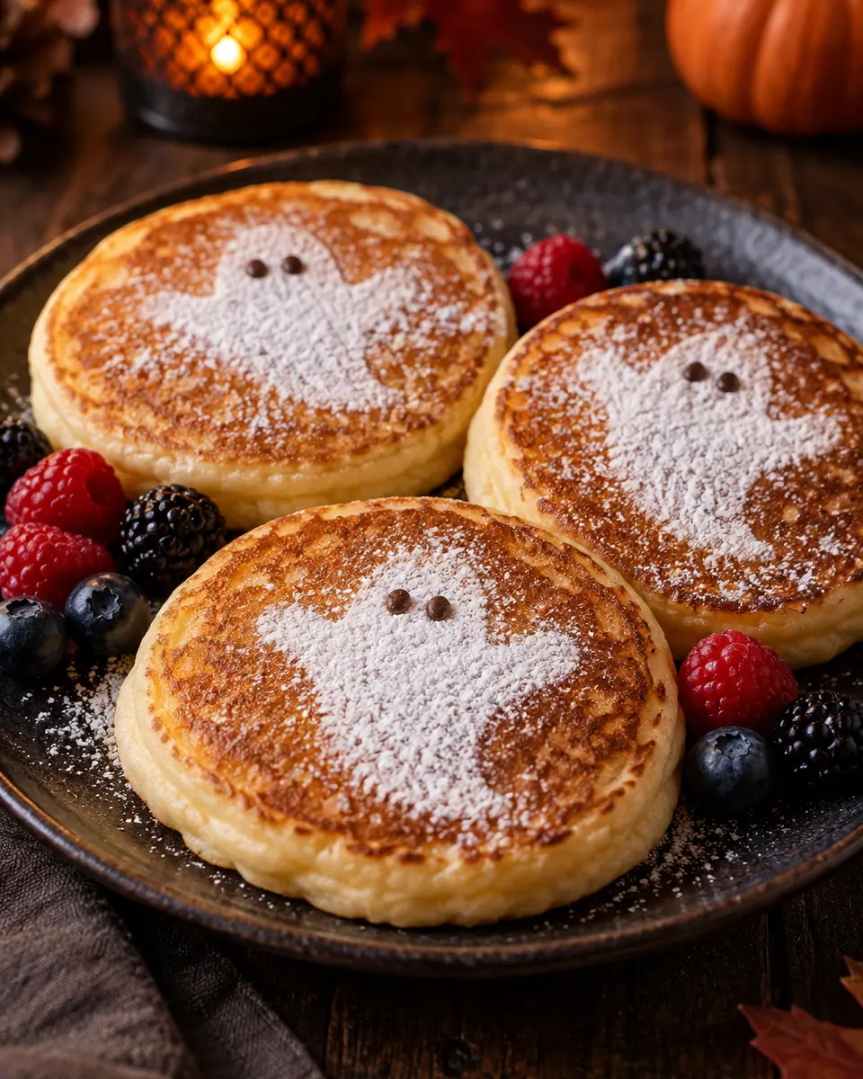 Goldene runde Pancakes mit weißen Puderzucker-Geistern, Schokoaugen und dunklen Beeren