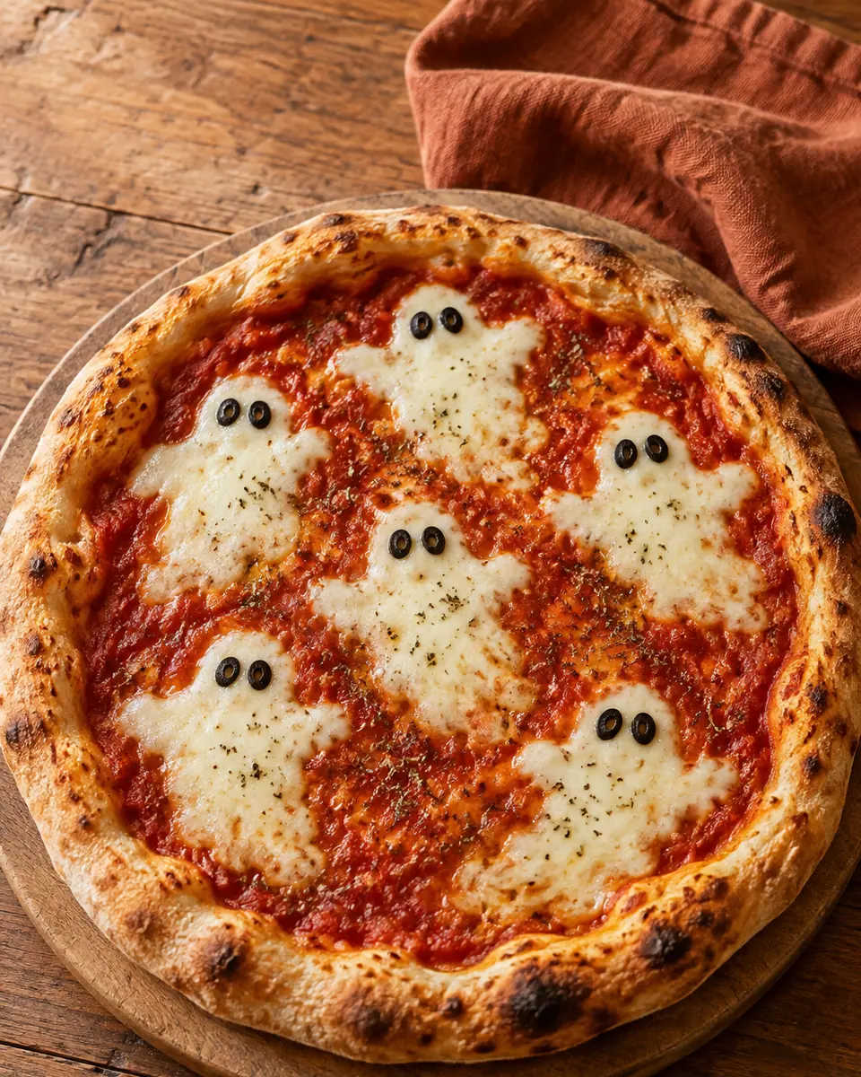 Rechteckige Tomatenpizza mit hellen Käsegeistern und kleinen dunklen Olivengesichtern