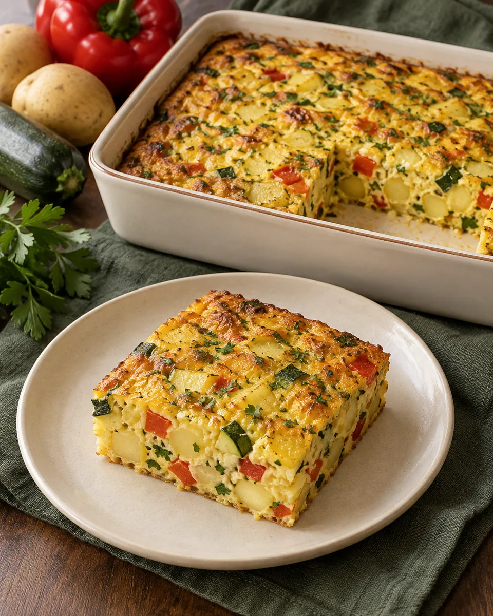 Goldgelbe Gemüse-Frittata mit Kartoffeln, roter Paprika und Zucchini