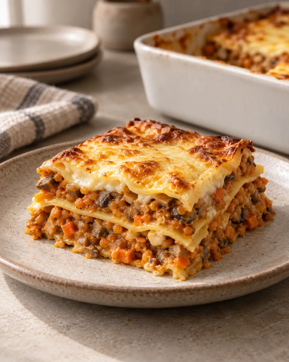 Gemüselasagne mit Linsenragout, Béchamel und goldener Gouda-Kruste