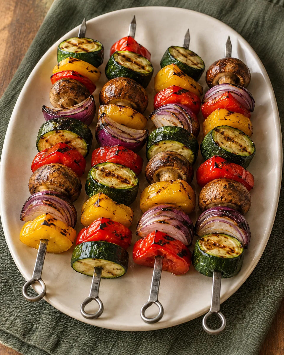 Gegrillte Gemüsespieße mit Paprika, Zucchini, Pilzen und roter Zwiebel