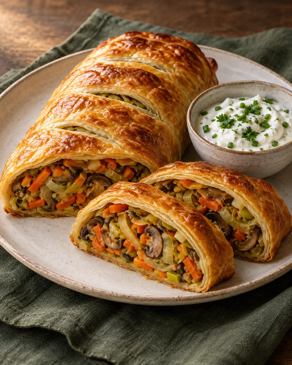 Aufgeschnittener goldbrauner Gemüsestrudel mit Möhren, Lauch und Pilzen und Kräuterquark