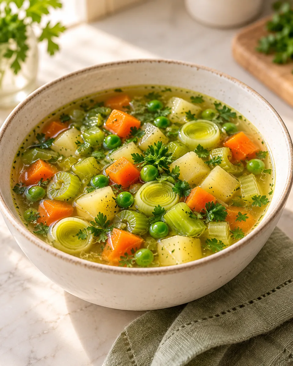 Klassische Gemüsesuppe mit Kartoffeln und Lauch – appetitlich angerichtete Rezeptillustration