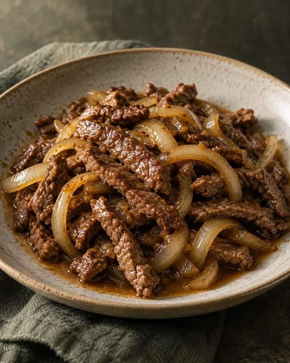 Dünne vollständig gegarte Rindfleischstreifen mit weichen Zwiebelhalbmonden in brauner Sauce