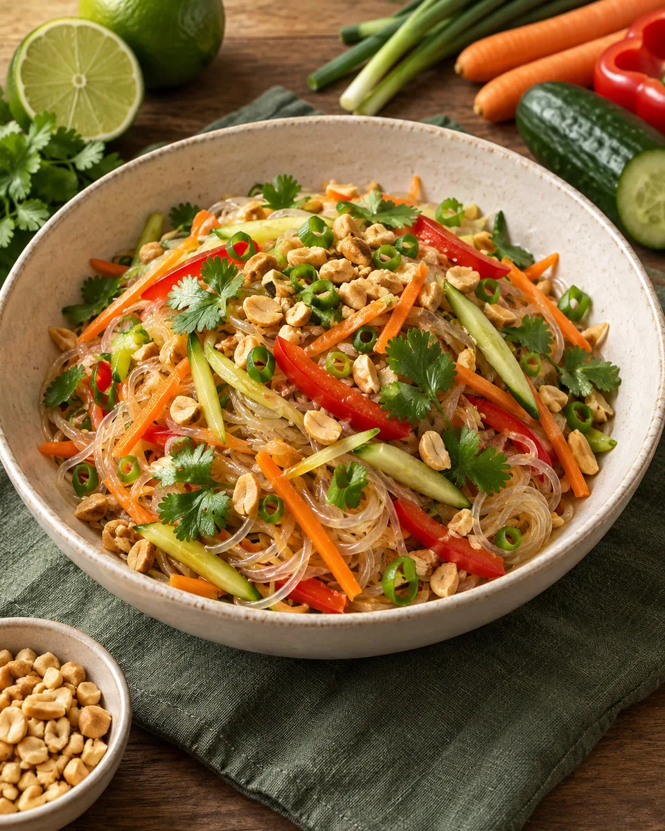 Glasnudelsalat mit bunten Gemüsestreifen, Kräutern und Erdnüssen