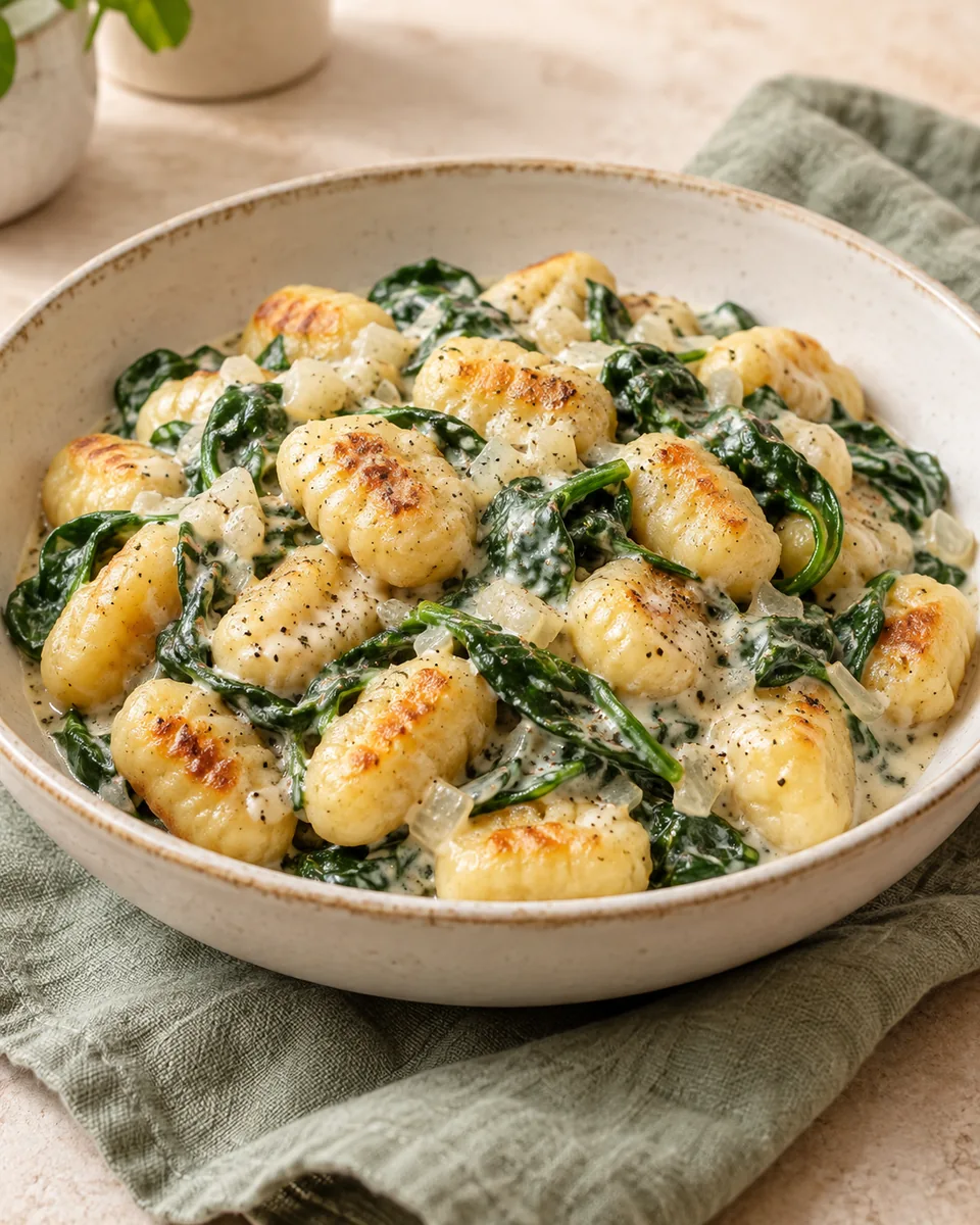 Gnocchi-Spinat-Pfanne mit Frischkäse – KI-generierte Rezeptillustration