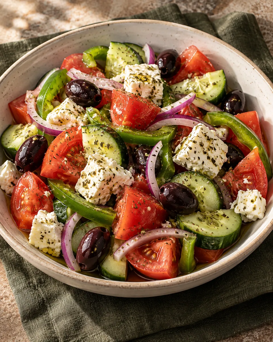 Griechischer Bauernsalat mit Tomaten, Gurke, grüner Paprika, Feta und Oliven